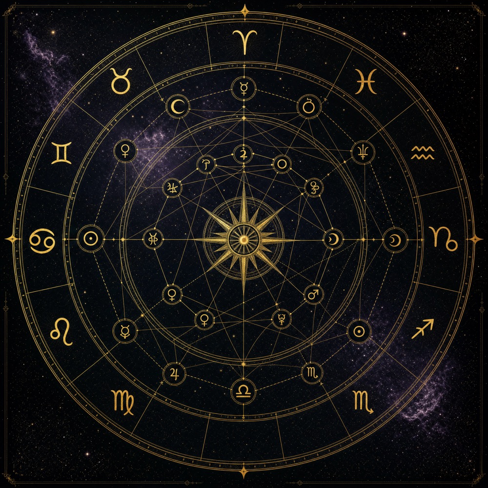 An engraved celestial birth chart wheel